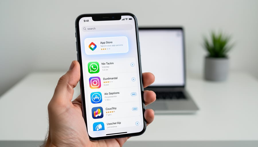 Hand holding smartphone showing app store search results and rankings