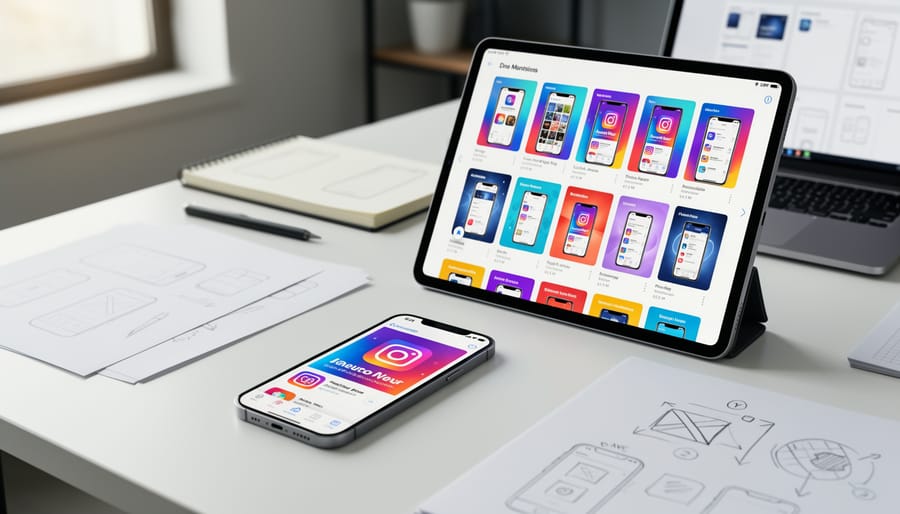 Designer creating mobile app icon concepts with sketches and digital references