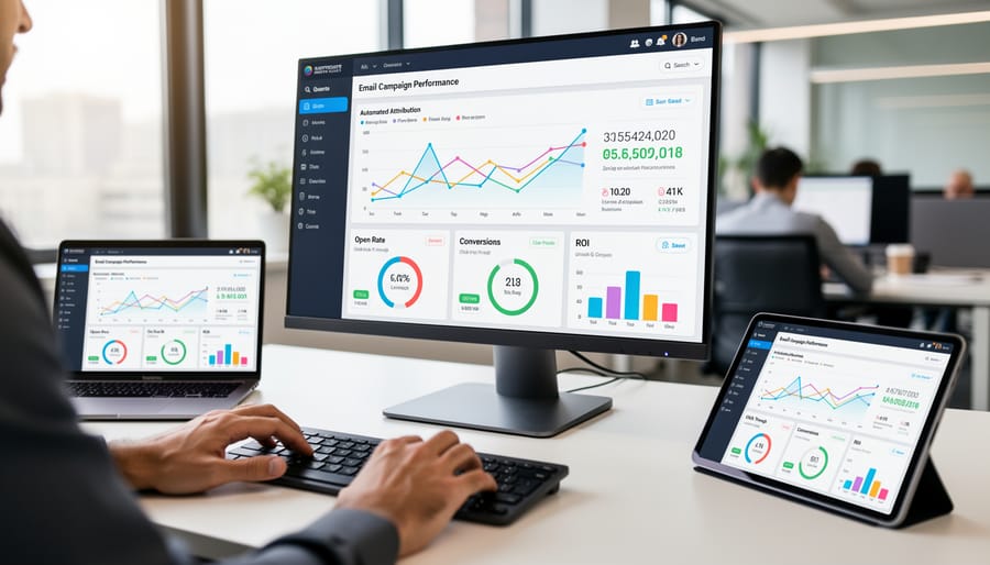 Professional reviewing automated marketing analytics dashboard on laptop in modern workspace