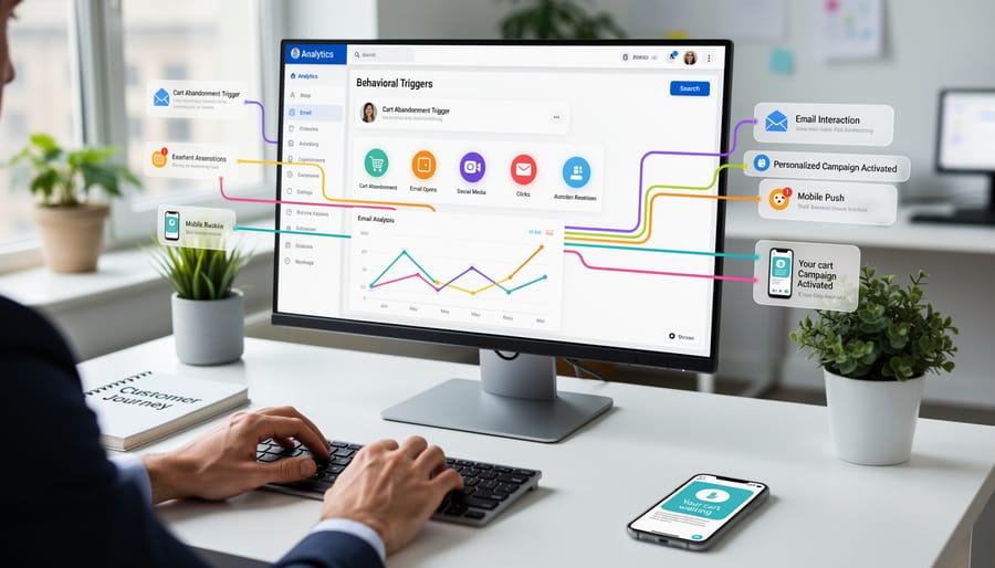 Overhead view of digital marketing workspace with multiple devices showing customer interaction notifications