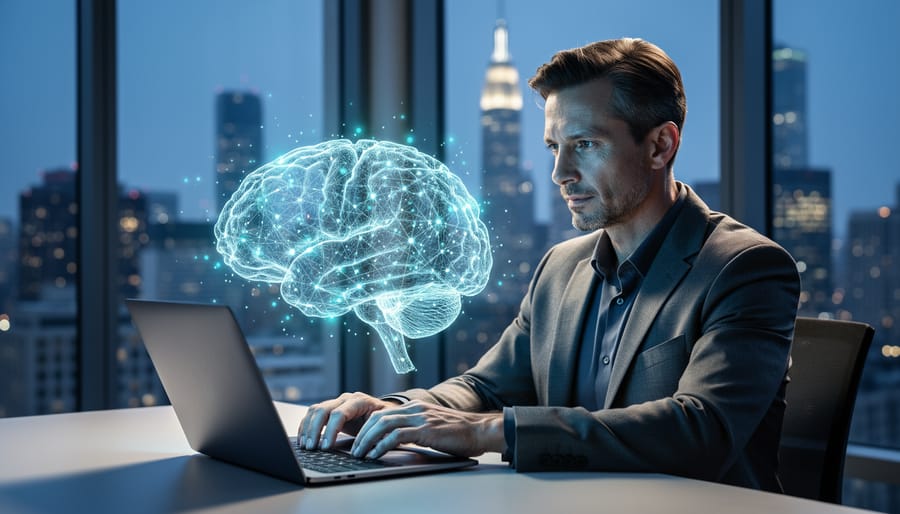 Business executive at a desk reaching toward a glowing 3D neural network hologram above an open laptop in a glass-walled office, with a blurred city skyline and cool blue lighting