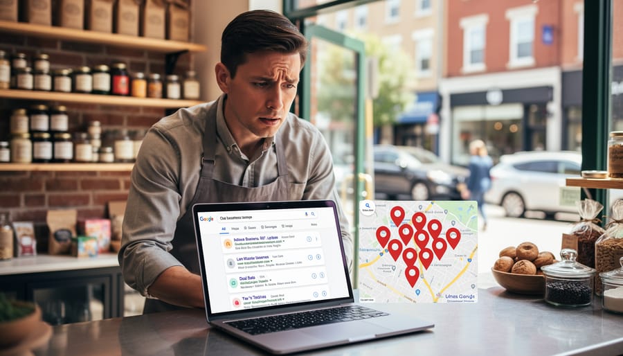 Small business owner looking concerned while searching for their business online