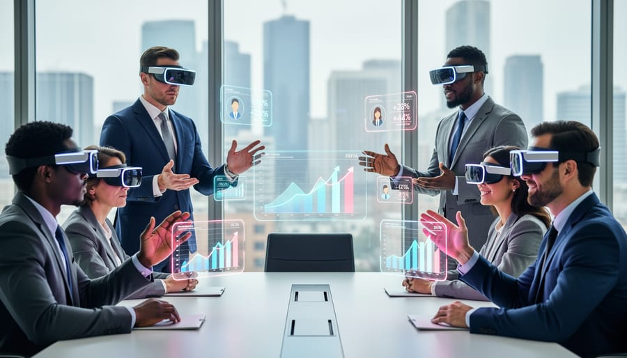 Business professional using VR headset in modern office environment