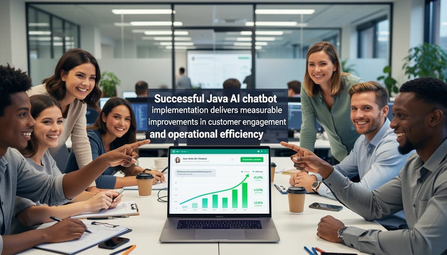 Business team celebrating successful chatbot implementation results in modern office