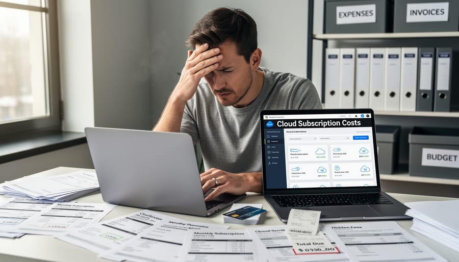 Small business owner reviewing multiple cloud service bills and invoices at desk