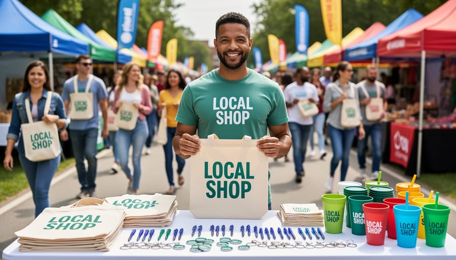 Community members receiving branded promotional items at local event booth