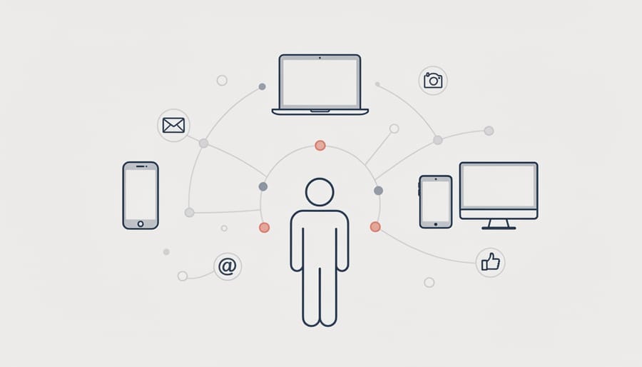 Business professional working on laptop with digital customer data visualization overlay