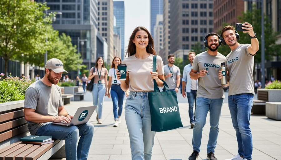 Customer carrying branded specialty shop bag while walking in downtown shopping district