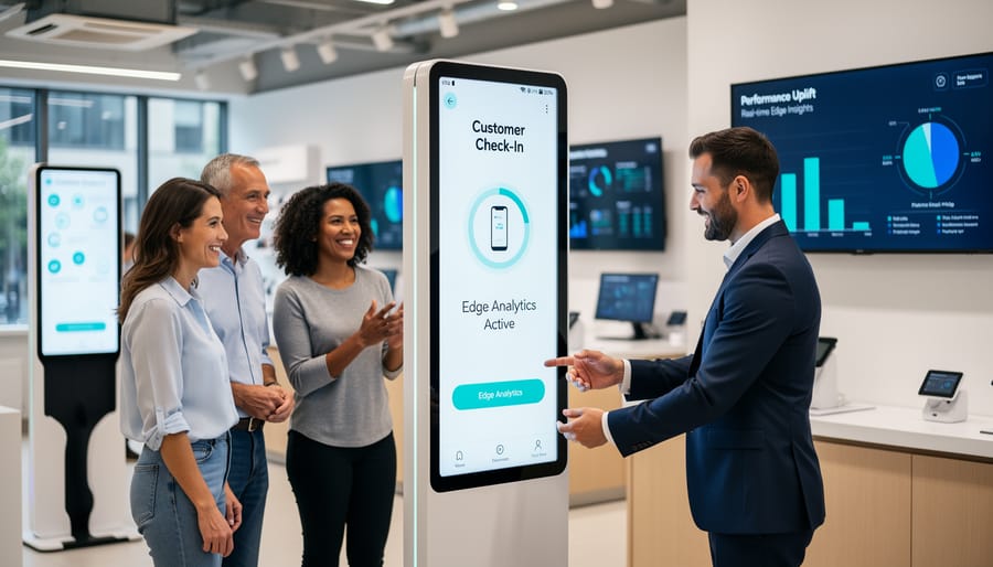 Business owner greeting customer while holding smartphone in modern retail setting
