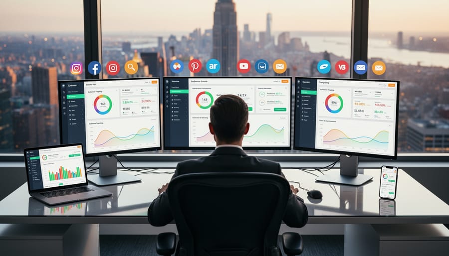Multiple devices displaying various digital advertising platforms and analytics