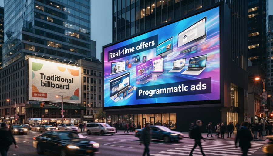 Illuminated digital billboard displaying advertisement in urban setting at dusk