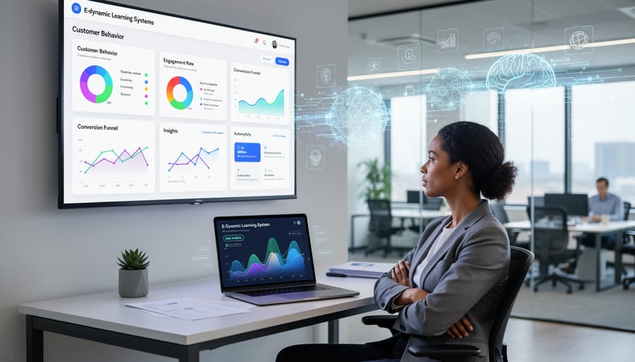 Business professional reviewing customer data analytics on laptop in modern office