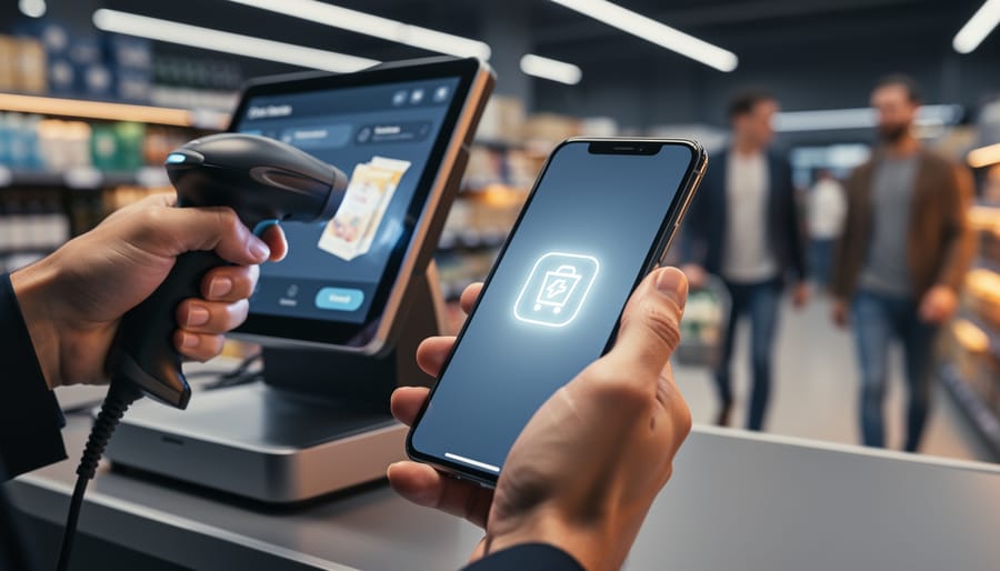 Hand holding a smartphone with a glowing offer icon at a retail checkout while a cashier scans an item, sharp focus on the phone and hand with a softly blurred store background.