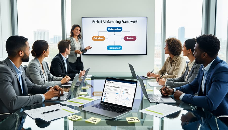 Diverse marketing team collaborating on ethical AI implementation strategies