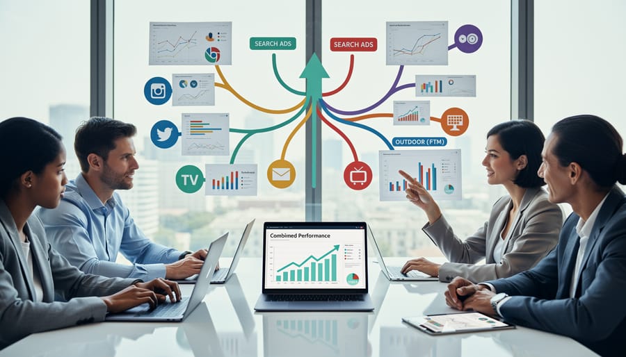 Team members planning integrated multi-channel advertising strategy