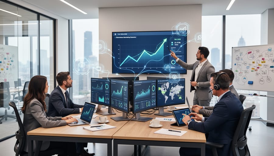 Overhead view of integrated business technology on modern workspace desk