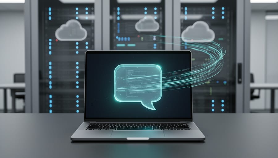 Eye-level photo of a laptop on a desk with a translucent chat bubble hologram and glowing data lines leading to blurred server racks and cloud elements, representing a Java AI chatbot integrated into enterprise systems.