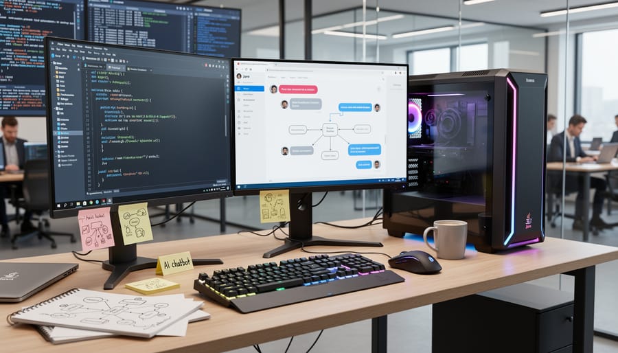 Developer coding Java chatbot application on dual monitor setup