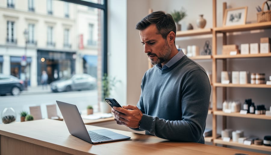 Concerned small business owner at a shop counter looking between a laptop and smartphone, with product shelves and a sunlit front window softly blurred in the background.