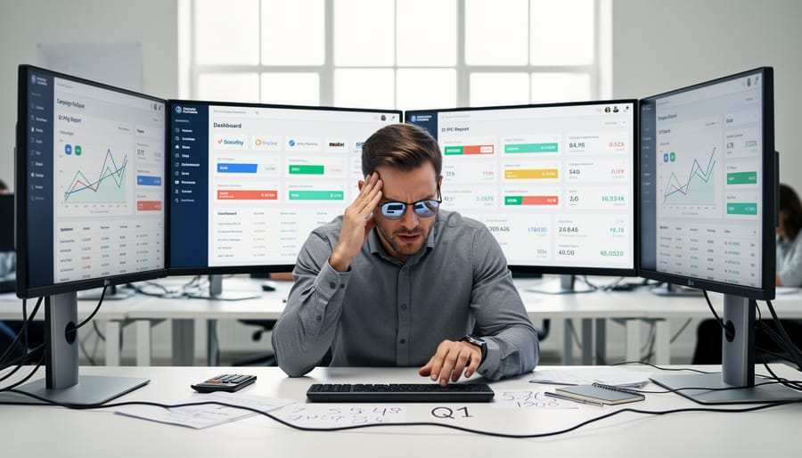 Business professional managing multiple PPC campaign dashboards simultaneously at desk
