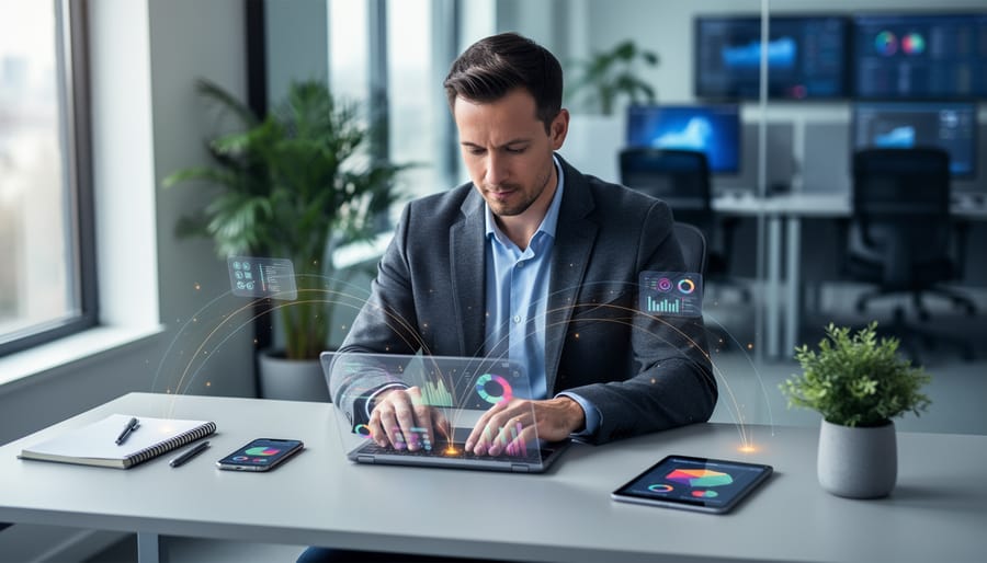 Marketing analyst at a desk using a laptop with holographic data lines connecting to a smartphone and tablet, soft side daylight, shallow depth of field, and a blurred modern office background without readable screen text.