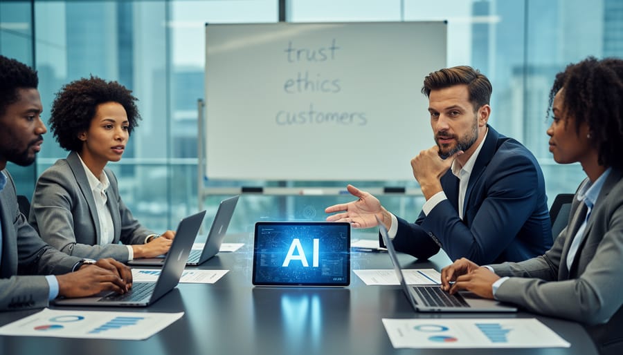 Business professionals having serious discussion about AI marketing technology concerns