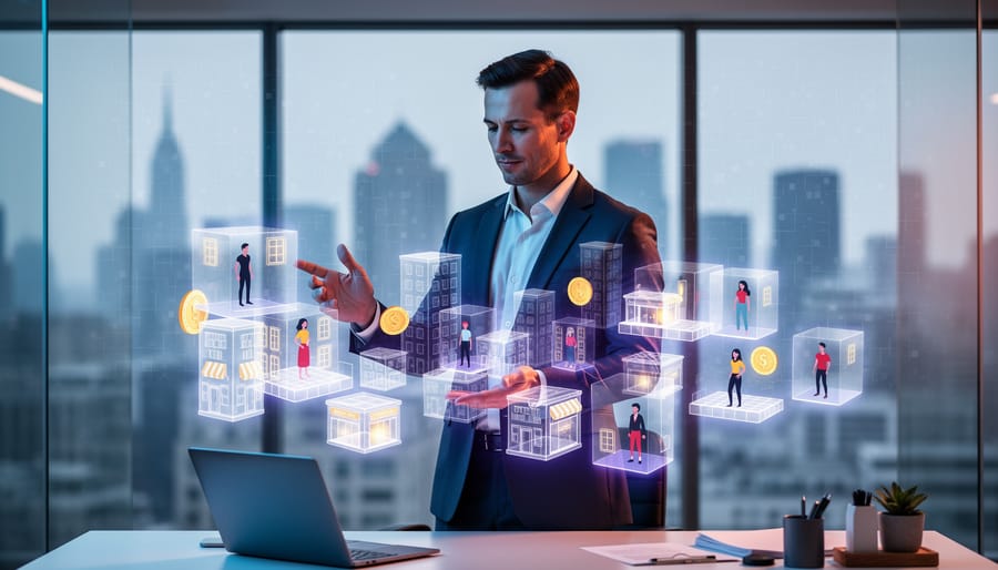 Entrepreneur in a modern office reaching toward a holographic metaverse cityscape with virtual storefronts, coin icons, land grids, and avatars under cool neon lighting