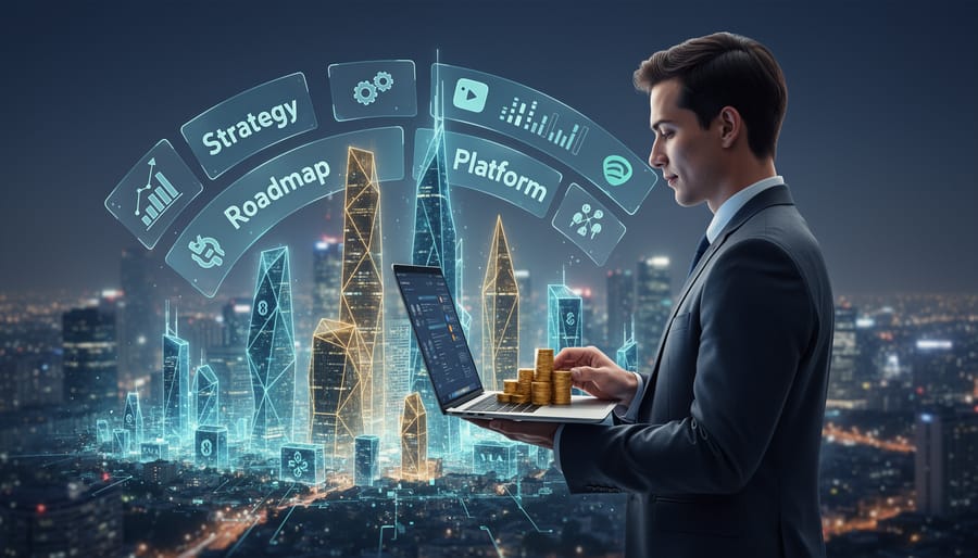 Entrepreneur workspace showing VR technology and business planning tools