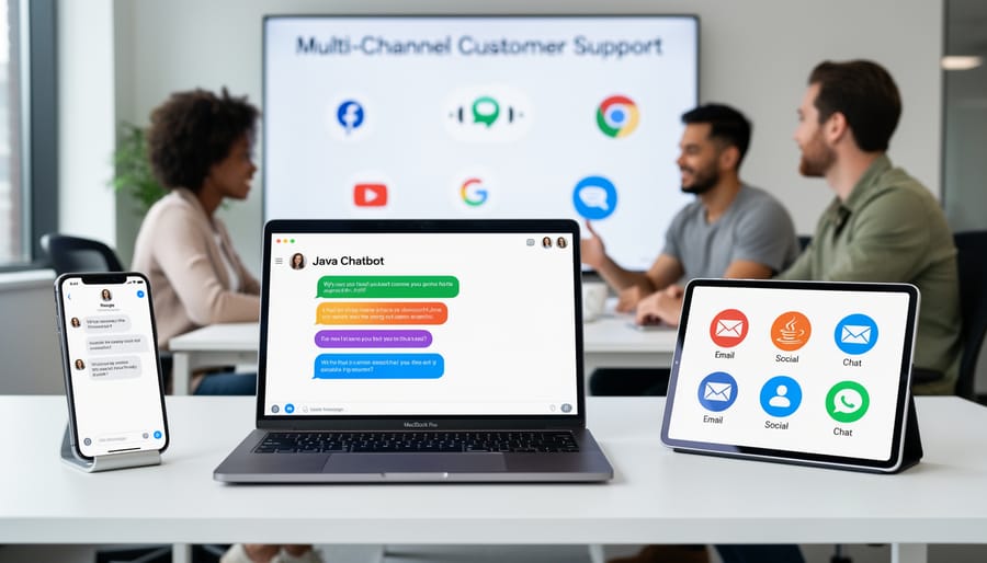 Multiple devices displaying synchronized chatbot interfaces during business meeting
