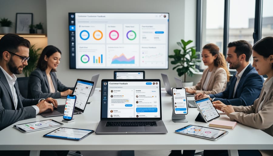 Overhead view of laptop, smartphone, and tablet displaying multiple communication channels on modern desk