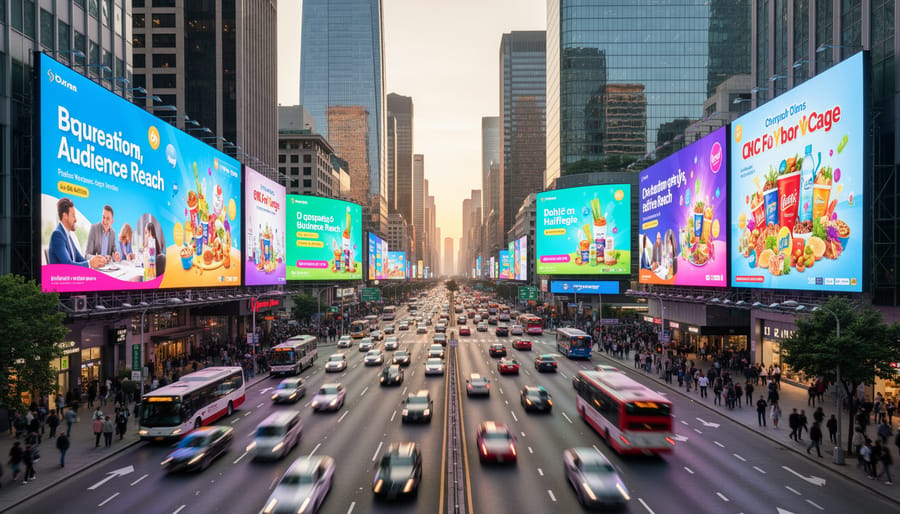 Urban intersection featuring multiple digital billboards on buildings with pedestrian traffic