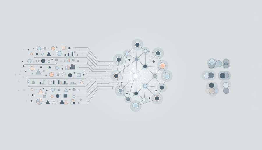 Business professional working on laptop with visual representation of neural network data processing