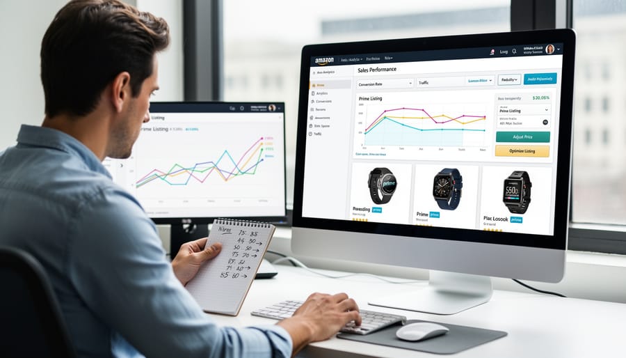 Overhead view of organized workspace with laptop and analytics tools for Amazon seller