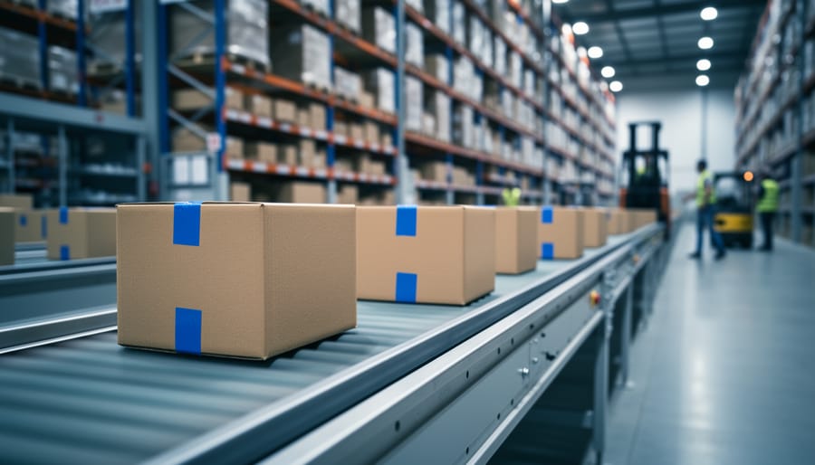 Plain cardboard boxes travel on a conveyor belt in a large fulfillment center with tall shelving, soft overhead lighting, and workers and forklifts blurred in the background.
