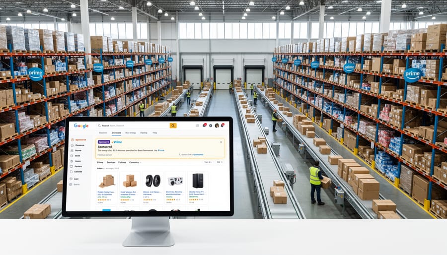 Amazon Prime boxes stored on warehouse shelves in fulfillment center