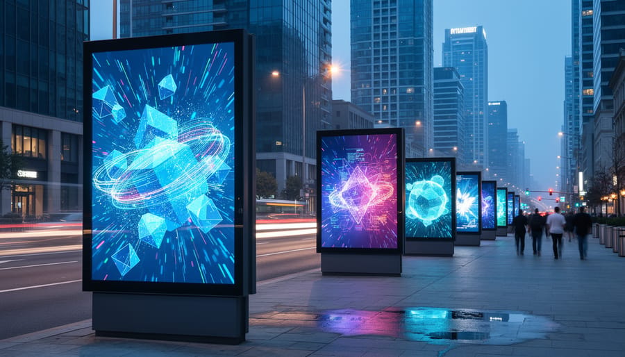Row of illuminated digital billboards along a busy city street at blue hour, foreground screen showing abstract graphics without text, with passing cars and commuters in the background.
