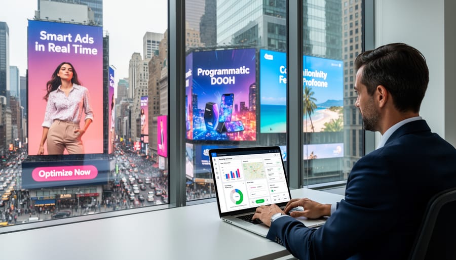 Marketing professional using tablet to manage programmatic advertising campaign