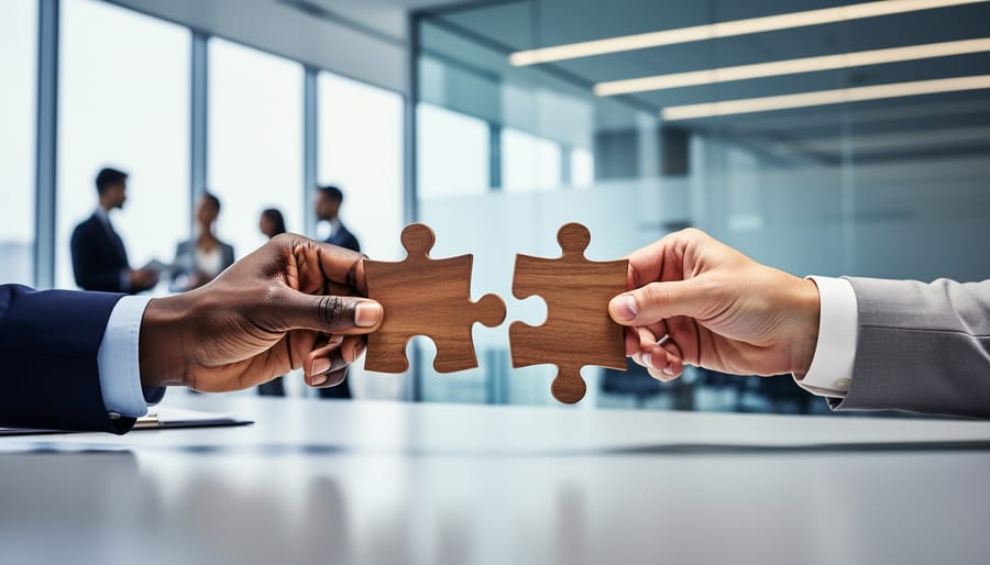 Close-up of two professionals’ hands joining large wooden puzzle pieces over a desk in a glass-walled office, with blurred coworkers behind; soft natural lighting symbolizes sales and marketing alignment.