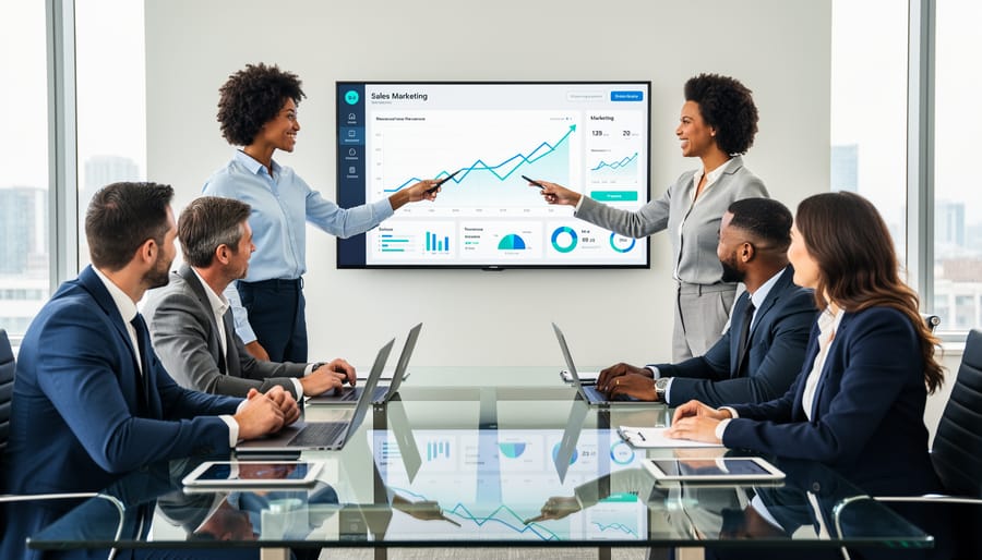 Two business professionals shaking hands in collaborative meeting setting