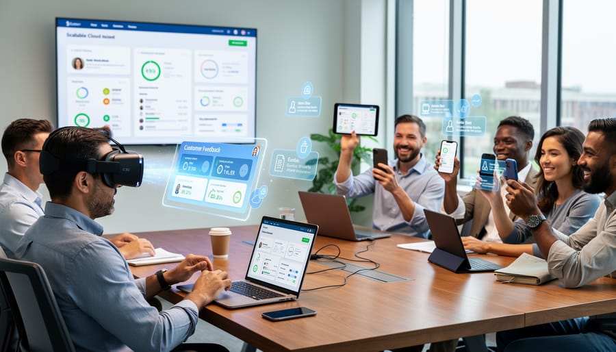 Small business owner reviewing VR feedback data on tablet in modern office