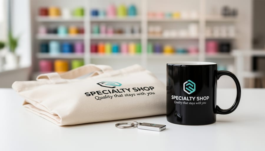 Branded promotional products including tote bag, coffee mug, and keychain displayed on retail counter
