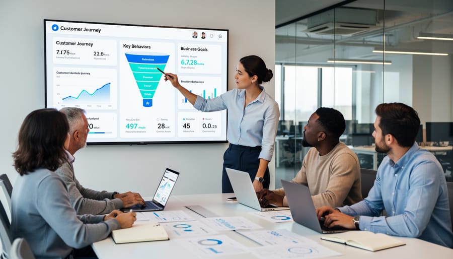 Marketing team analyzing customer behavior data and journey patterns on computer screen