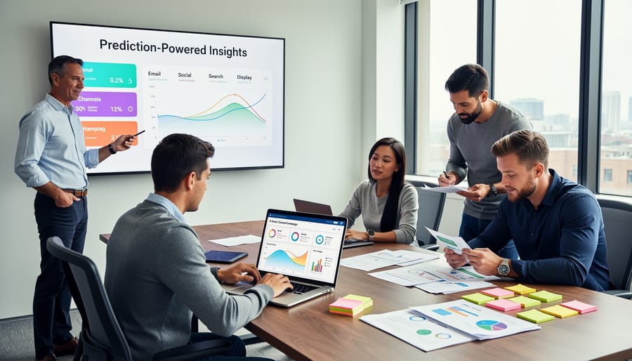 Marketing team collaborating on campaign analysis in modern office