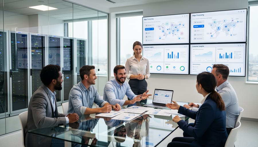 Business team collaborating around laptop reviewing real-time customer analytics