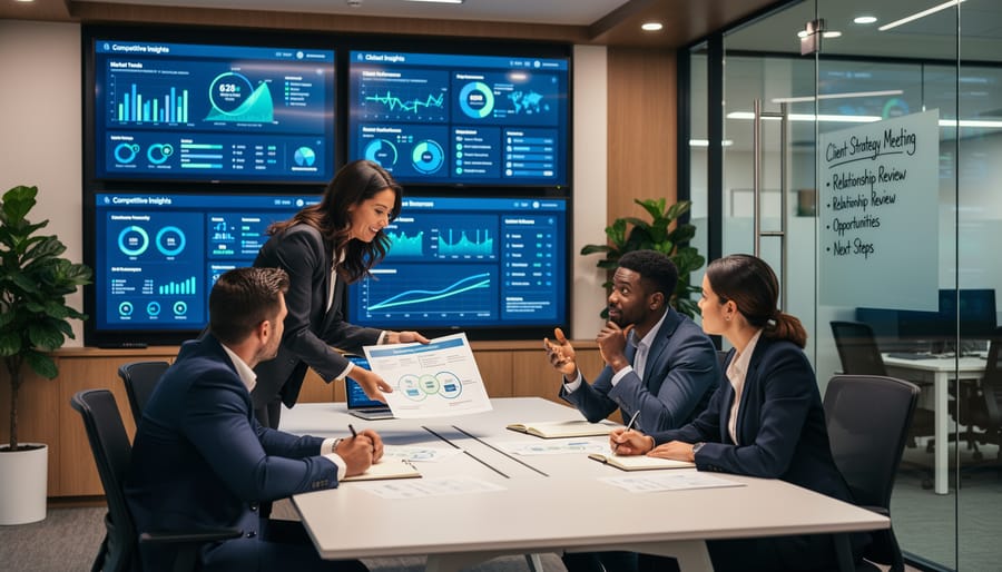 Business team collaborating and discussing strategic insights in modern office