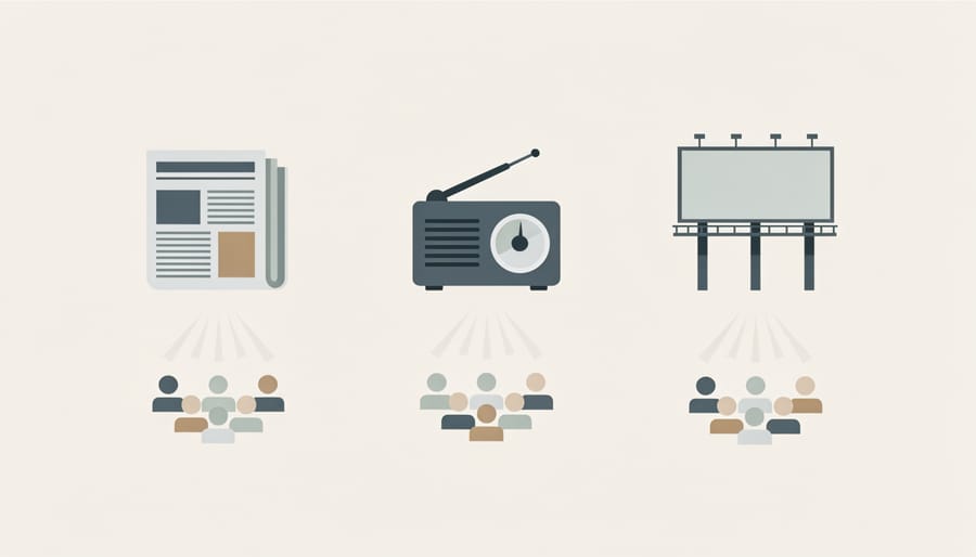 Traditional advertising media including radio, newspaper, and billboard representation