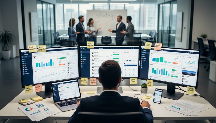 Overhead view of business workspace with multiple screens showing competitive research
