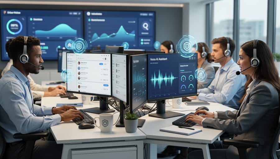 Customer service representative with headset working at computer in modern office