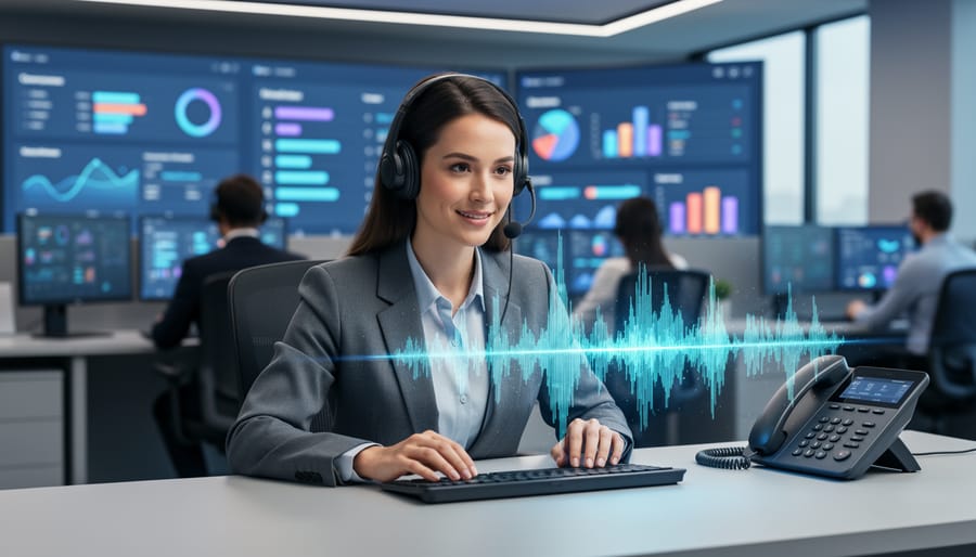 Headset-wearing customer support agent at a desk with a glowing holographic voice waveform symbolizing AI assistance, in a modern contact center with softly blurred background.