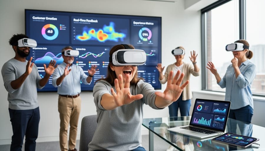 Business professional wearing VR headset gesturing while interacting with virtual interface